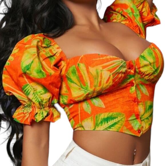 2 For $5 Sale NWT  Tropical Print Button Down Puff Sleeve Crop Top Large - Picture 1 of 7